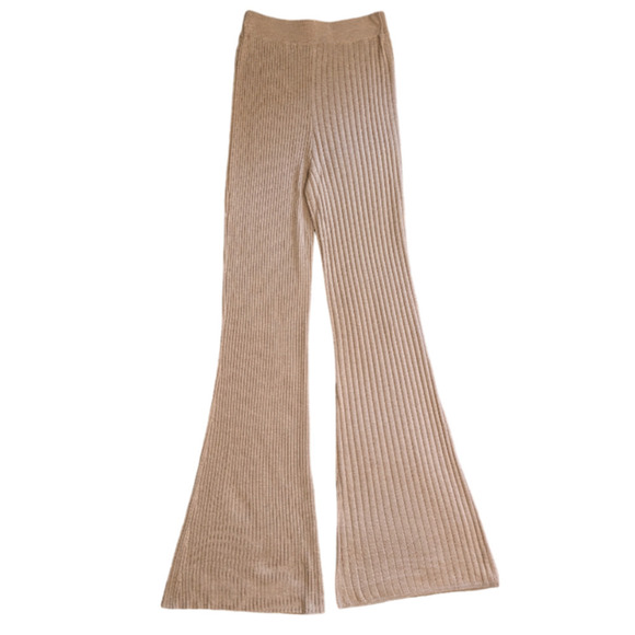 Naadam Wheat Beige Marled Ribbed Pants NEW Small Flare Silk Blend $350 Pull On - Picture 2 of 6